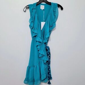 Misa Los Angeles Blue and Black Ruffled Wrap Sundress